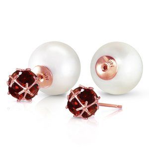 14K. SOLID GOLD TRIBAL DOUBLE SHELL PEARLS AND GARNETS STUD EARRINGS (Rose gold)